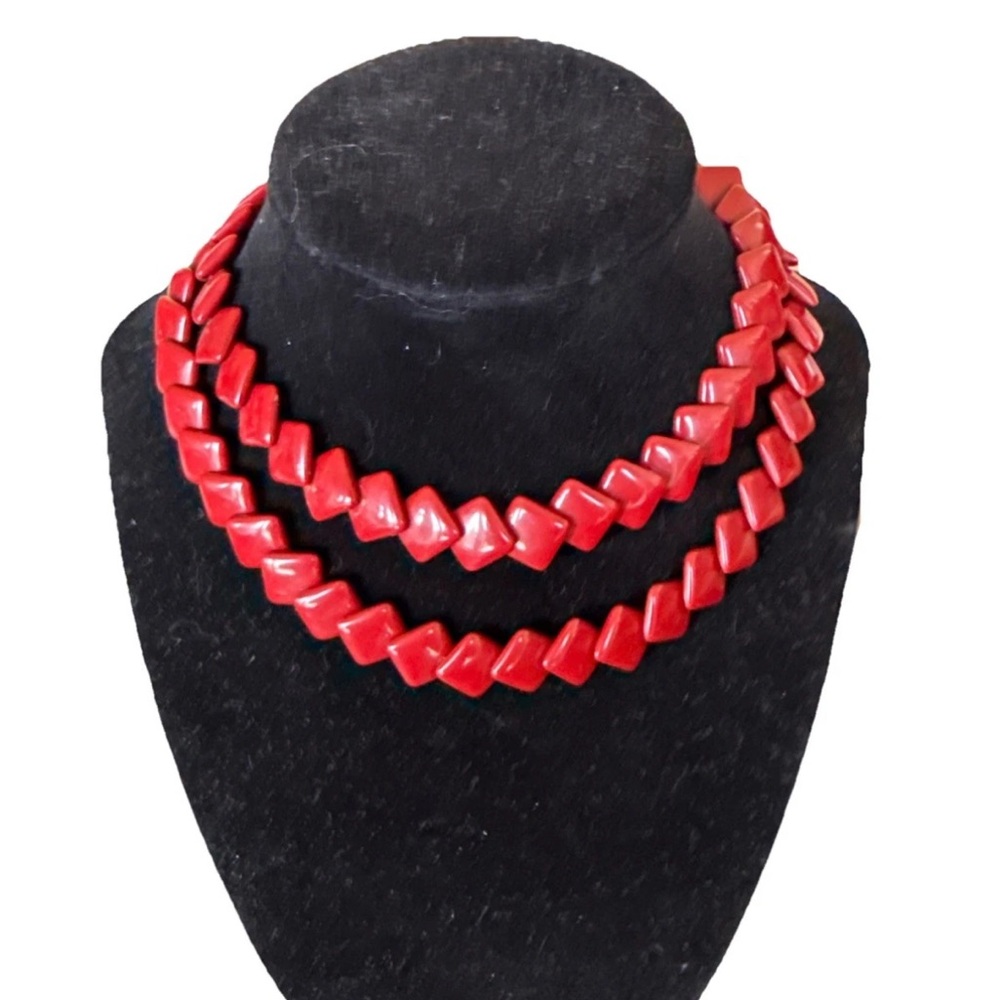 Trifari Signed Red Lucite Chiclet Squares Necklace Retro